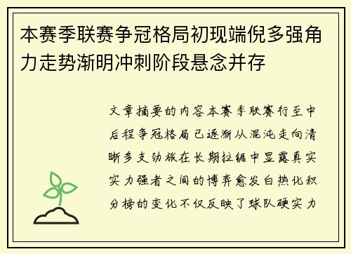 本赛季联赛争冠格局初现端倪多强角力走势渐明冲刺阶段悬念并存